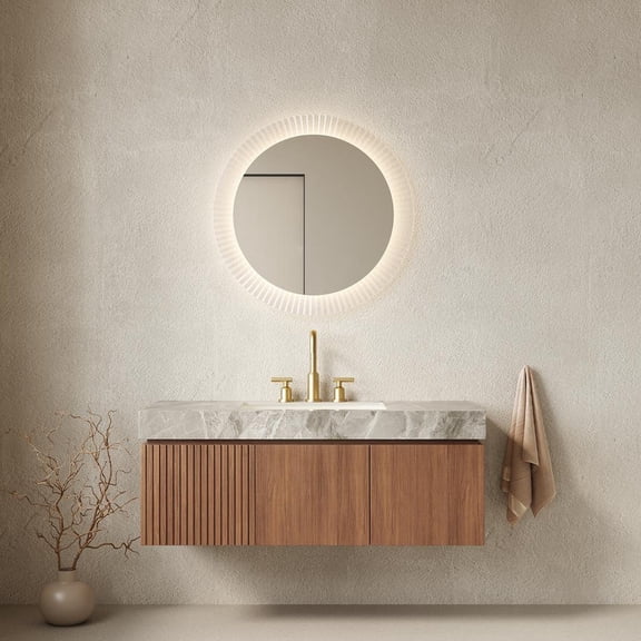 FFZ 48" Floating Bathroom Vanity with Sintered Stone Top, Ceramic Basin, Plywood Cabinet, Brown Oak