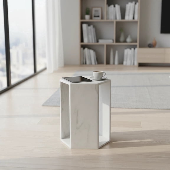 FFZ Hexagonal Marble Side Table with Honed Matte Finish, 12.6 x 10.9 x 15.7 inch, White