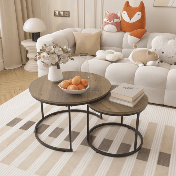 FFZ Nesting Coffee Table Set of 2, 27.6inch Round Coffee Table Industrial Wood Finish with Sturdy Metal Frame, End Table Side Tables for Living Room Bedroom Balcony Yard (Brown)