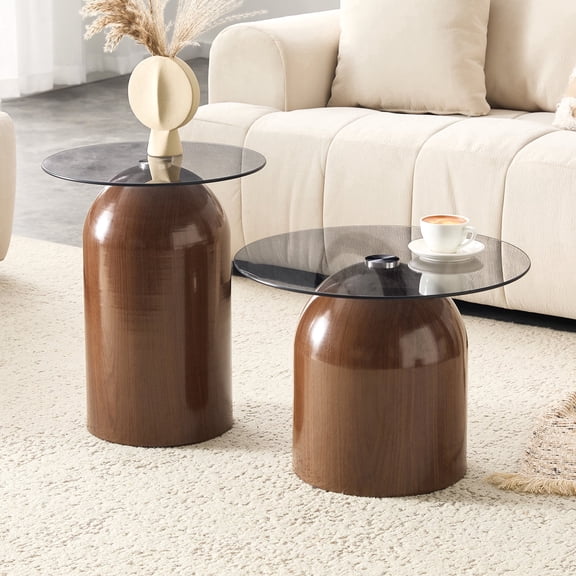 FFZ Nesting Coffee Table Set of 2 with Glass Desktop, Walnut