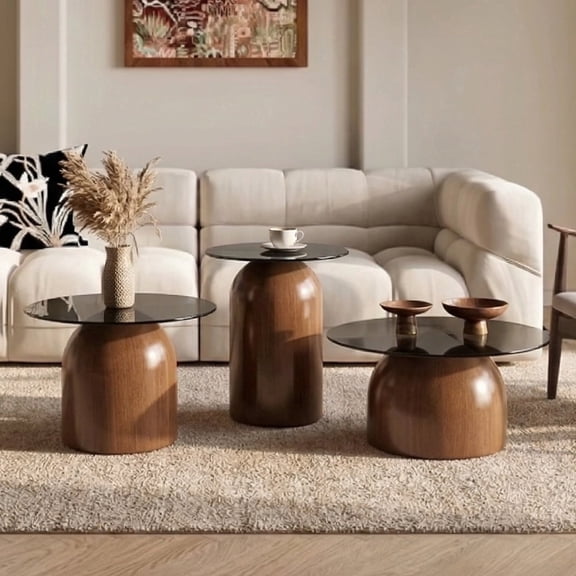 FFZ Nesting Coffee Table Set of 3 with Glass Desktop, Walnut