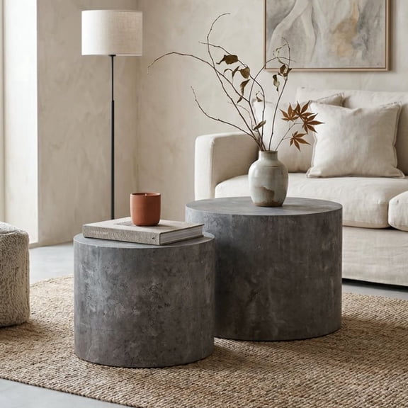 FFZ Nesting Coffee Table Set of 2 with Faux Concrete Finish, MDF Construction, Stone Gray