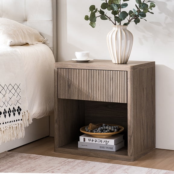 FFZ Nightstand With Drawer Storage Fluted Bed Side End Table Large Contemporary Wide Mid Century Grey