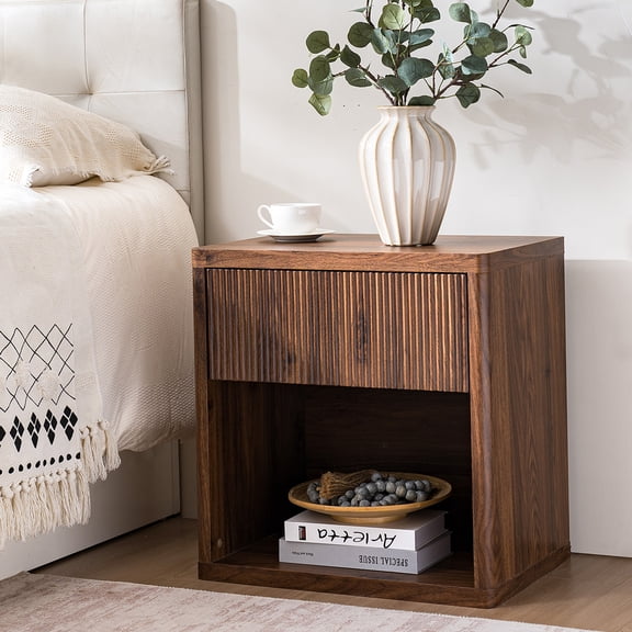 FFZ Nightstand With Drawer Storage Fluted Bed Side End Table Large Contemporary Wide Mid Century