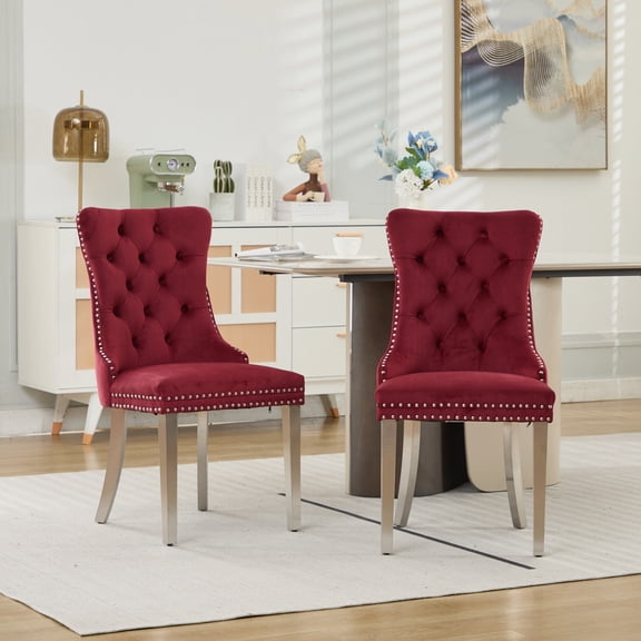 FFZ Nikki Collection Tufted Velvet Dining Chair Set of 2 with Nailhead Trim and Chrome Legs, WINE RED