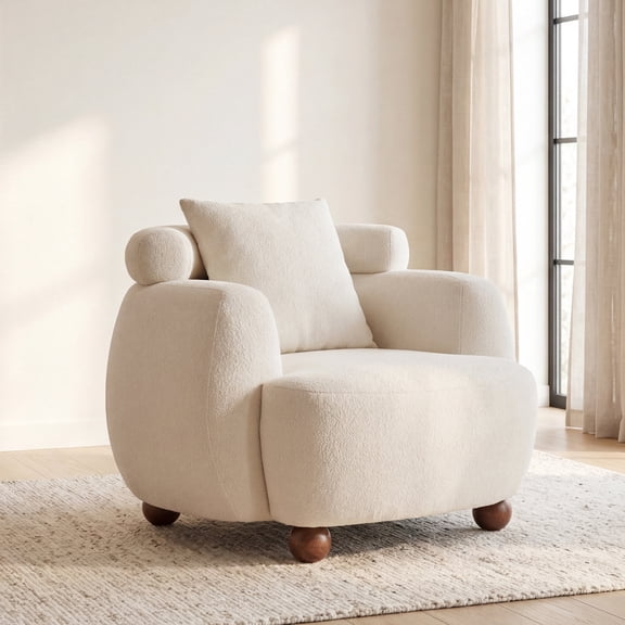 FFZ Nordic Style Lazy-Style Clubchair with Chenille Fabric, Soft Cushion, for Living Room, Ameican White Oak
