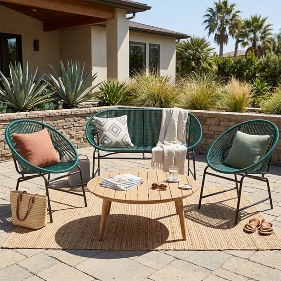 FFZ 4-Piece Outdoor Chat Set with Teal PE Rattan, Iron Frame and Acacia Wood Table, Natural