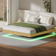 FFZ Oak King Floating Bed Frame with LED Lights and Wave Curve Wood Texture, 80.5 x 77.17 x 10.04 inch, Oak
