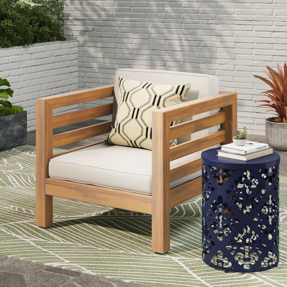FFZ Mid-Century Modern Acacia Wood Club Chair with Shagreen Cushions, 30.25 x 30.25 x 26.50 inch, Beige