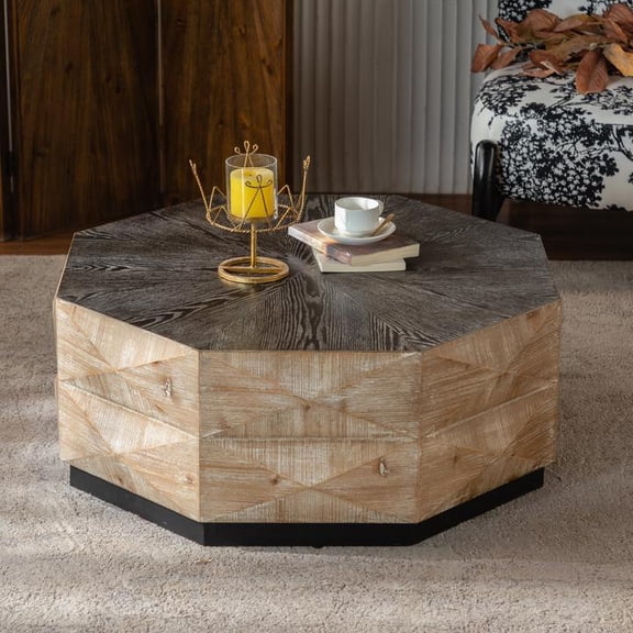 FFZ Octagon Coffee Table 38 inch Retro Wood Center Table with Embossed Pattern for Living Room, Rustic