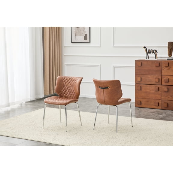 FFZ Set of 2 Leather Dining Chairs with Diamond Tufting and Gold Metal Legs, 23.23 x 19.29 x 31.5 inch, Brown