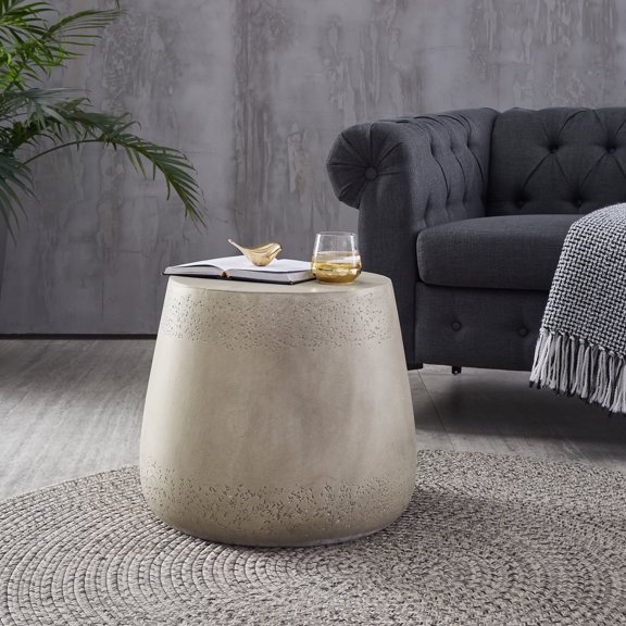 FFZ Lightweight Concrete Drum Side Table with Boho Style, 19 x 19 x 16.25 inch, Light Gray