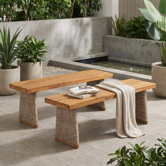 FFZ 57"L Outdoor Acacia Wood Bench Set of 2 with Wicker Accents, Brown+Teak