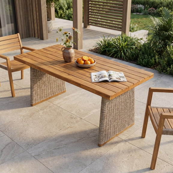 FFZ 70"L Outdoor Acacia Wood Dining Table with Wicker Legs, Brown+Teak