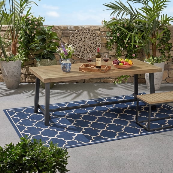 FFZ Outdoor Acacia Wood Dining Table with Rustic Metal Base, 79 x 36 x 30 inch, Grey+Black