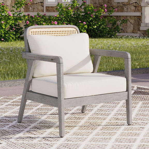 FFZ Outdoor Acacia Wood Club Chair with Thick Cushion, Deep Seating for Porch, Garden, Backyard, Light Gray