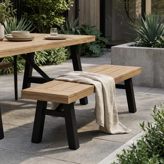 FFZ Outdoor Bench with Slat Panel Design Acacia Wood Frame, Natural And Grey