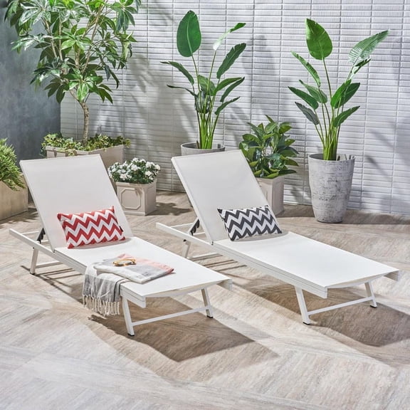 FFZ Set of 2 Adjustable Chaise Lounge Chairs with 5-Position Backrest, White Steel Frame, White