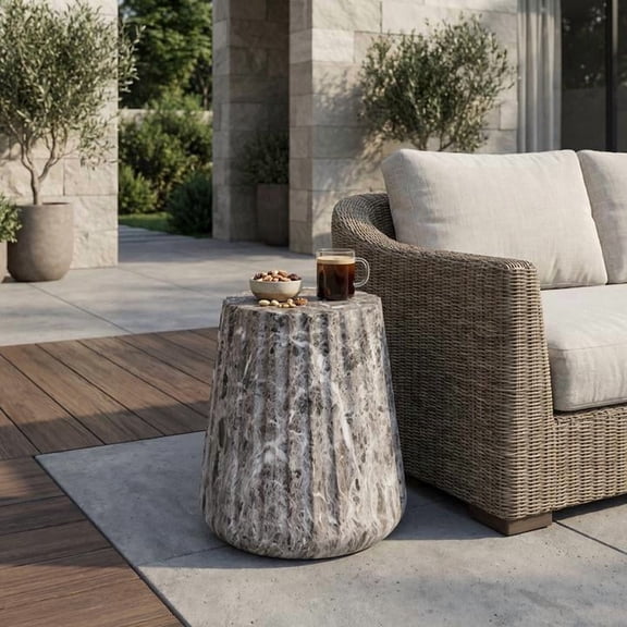 FFZ Carved Concrete Outdoor Side Table with Pedestal Base, 16 x 16 x 18.25 inch, Brown