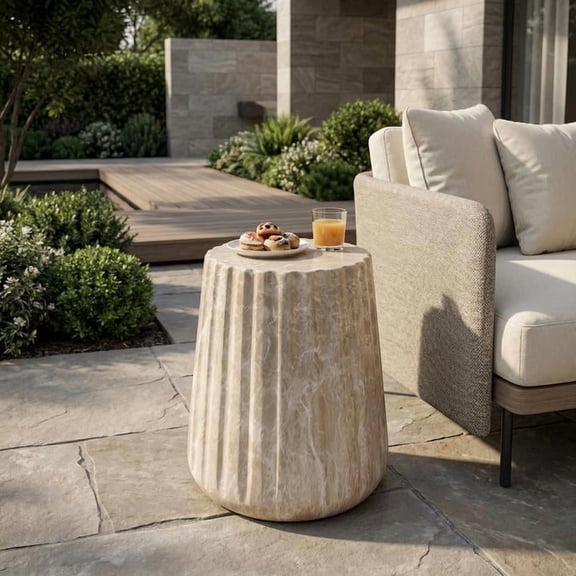 FFZ Carved Concrete Side Table with Pedestal Base, Gold