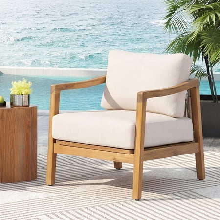 FFZ Acacia Wood Club Chair with Rope Back and Water-Repellent Cushions, 26.75 x 31 x 31.75 inch, Teak+ Beige