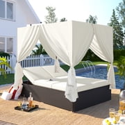FFZ Outdoor Double Chaise Lounge Daybed With Curtains,Patio Outdoor Sunbed With Adjustable Backrest,Terrace