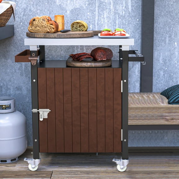 FFZ Outdoor Grill Cart With Stainless Steel Tabletop, Movable Bbq Serving Cart Rolling Bar Cart