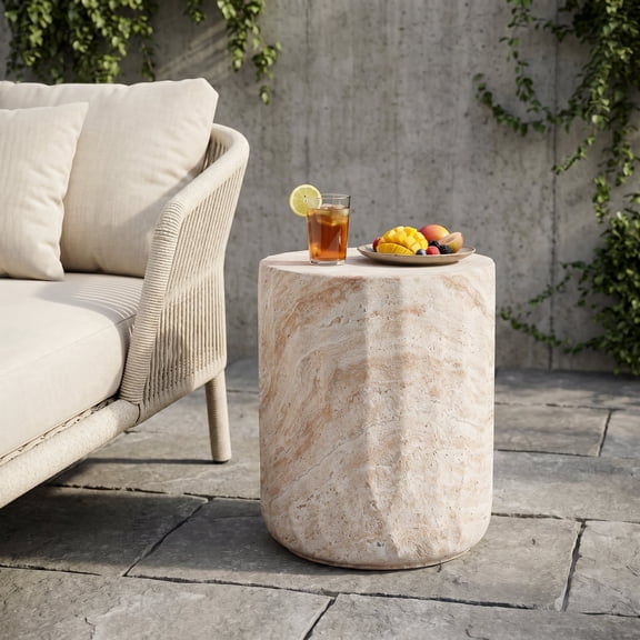 FFZ Lightweight Concrete Side Table with Cylinder Travertine Finish, 15 x 15 x 18.5 inch, Beige