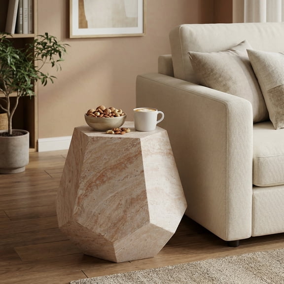 FFZ Outdoor Indoor Lightweight Concrete Side Table, Hexagonal Round Travertine Accent Table