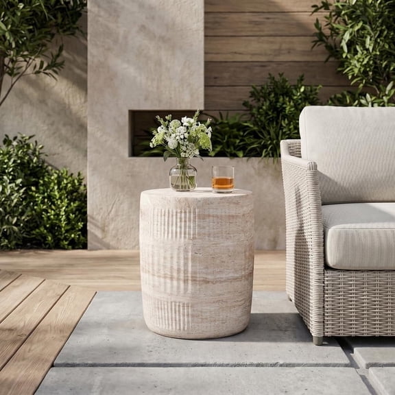 FFZ Lightweight Concrete Side Table with Travertine Finish for Indoor and Outdoor Use, Beige