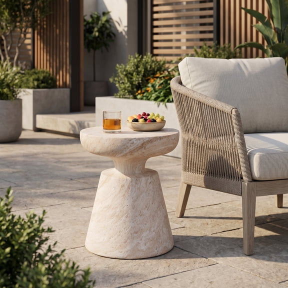 FFZ Lightweight Concrete Side Table with Travertine Finish, 17.75 x 17.75 x 20.5 inch, Beige