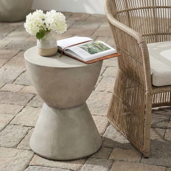 FFZ Lightweight Concrete Side Table with Hourglass Pedestal Design, 15.25 x 15.25 x 18 inch, Light Grey