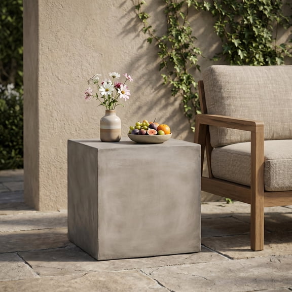 FFZ Outdoor MGO Square Side Table, Lightweight Concrete Cube End Table for Patio Deck Seating, Light Grey
