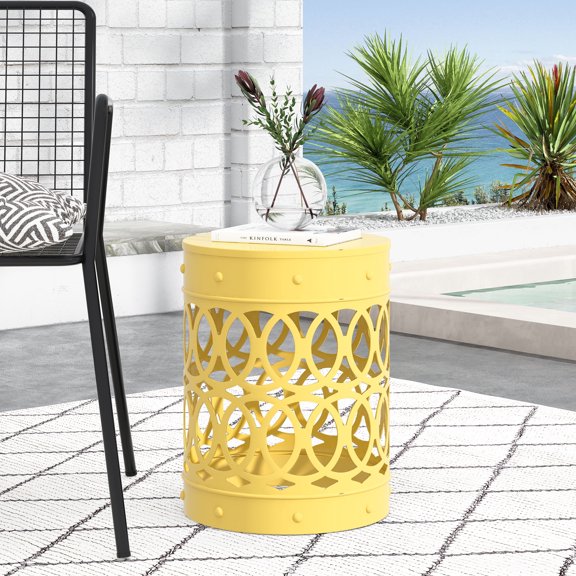 FFZ Modern Iron End Table with Overlapping Circle Design, 13.75 x 13.75 x 18 inch, Yellow