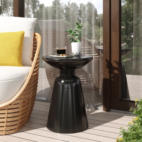 FFZ Modern Metal End Table with Pedestal Base and Powder-Coated Iron Frame, 15 x 15 x 20.75 inch, Black
