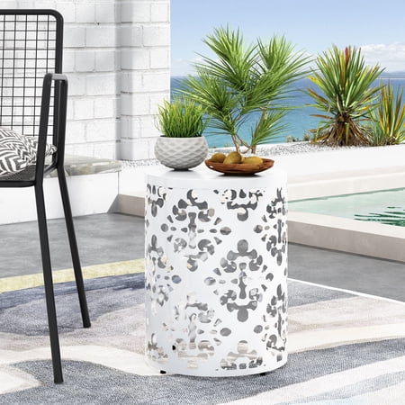 FFZ Modern Iron End Table with Floral Cutout Design, 13.78 x 13.78 x 17.91 inch, White