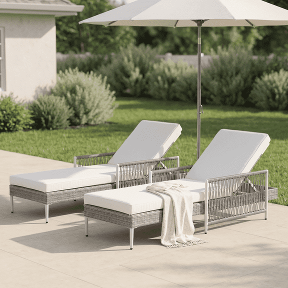 FFZ Outdoor PE Rattan Chaise Lounge Set of 2 with 6-Position Recliner and 3.2 inch Cushion, Gray
