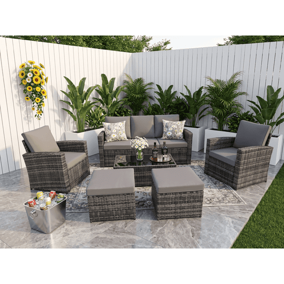 FFZ Outdoor PE Rattan 5-Piece Chat Set with Three-Seater Sofa, 2 Single Sofas, Footrests, Coffee, Light Gray