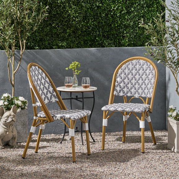 FFZ Outdoor Pe Rattan And Aluminum French Bistro Chairs, Set Of 2, Gray & White, And Bamboo Finish