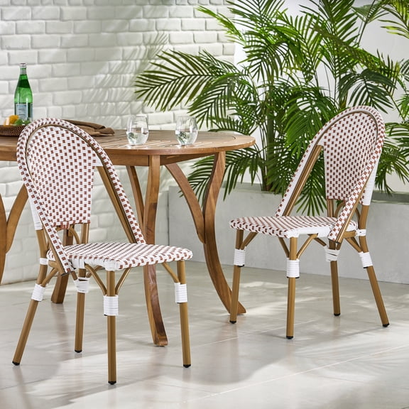 FFZ 18.5" French Bistro Chairs Set of 2 with Aluminum Frame and Rattan Weave, Rust Red