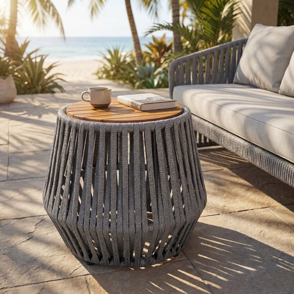FFZ Outdoor Side Table with Acacia Wood and Grey Rope, 21.26 x 21.26 x 18.11 inch, Grey