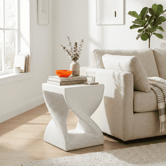 FFZ Modern Twisted-Base MGO Side Table with Terrazzo Speckles, 13.39 x 13.39 x 17.91 inch, White Marble