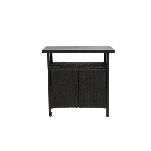 FFZ Outdoor Wicker Bar Cart, Patio Wine Serving Cart with Wheels Rolling Rattan Beverage Counter Table, Black