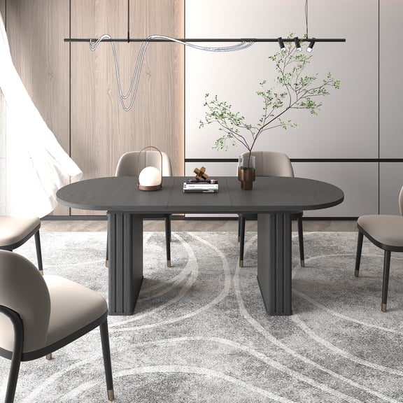 FFZ Oval Extendable Wooden Dining Table Strip Base 4 To 8 People Black