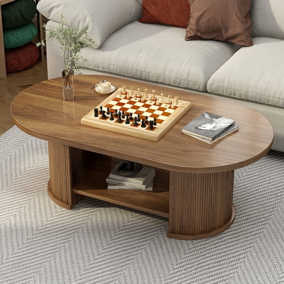 FFZ Oval Fluted Coffee Table, 47" Farmhouse Wood ,Walnut