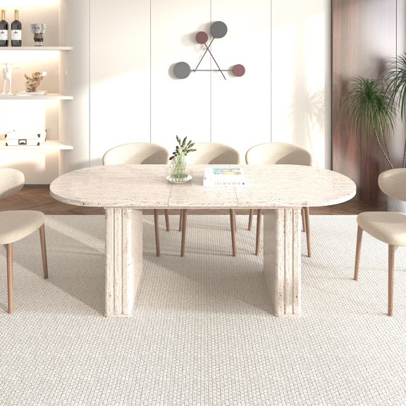 FFZ Oval Kitchen Extendable Dining Table for 4-8 People Wooden Strip Base, Travertine Inspired