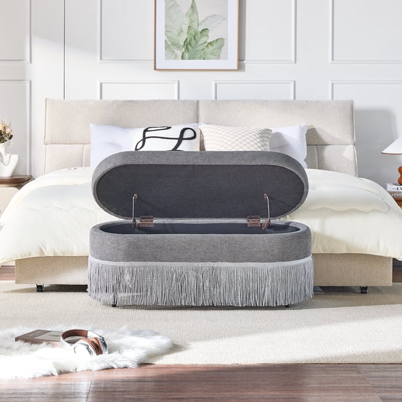 FFZ 39"L Oval Upholstered Storage Ottoman with Fringe Trim and Lift-Top Lid, Grey