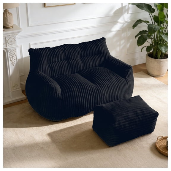 FFZ Oversized 2-Seater Fluffy Bean Bag Sofa with Footrest, Black