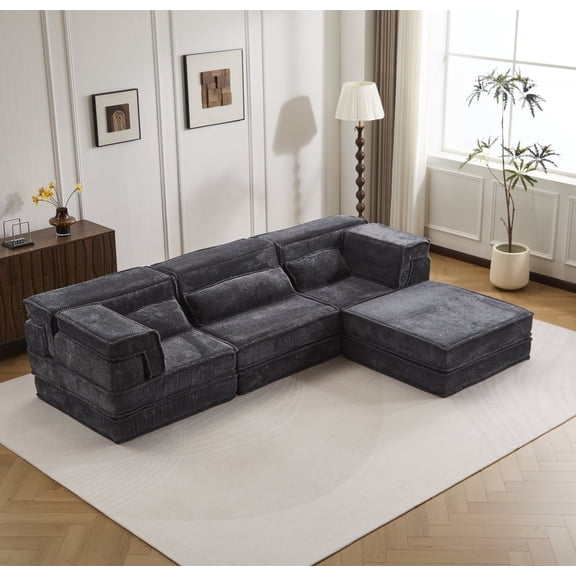 FFZ Compression Mahjong Sofa with Ottoman, Convertible Modular Sectional, Circle Fleece Fabric, DARK GREY