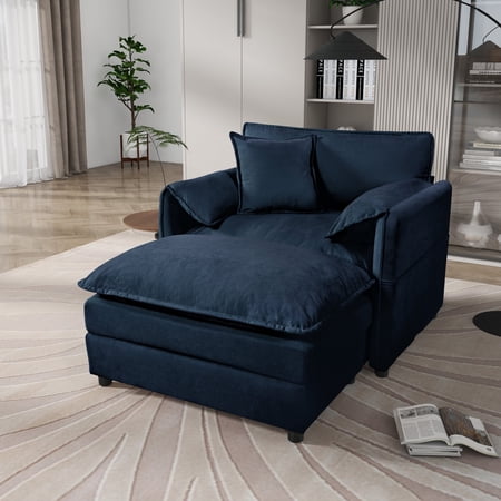 FFZ Oversized Recliner Chair with Movable Ottoman and Chenille Upholstery, 57.48 x 41.37 x 33.46 inch, Blue